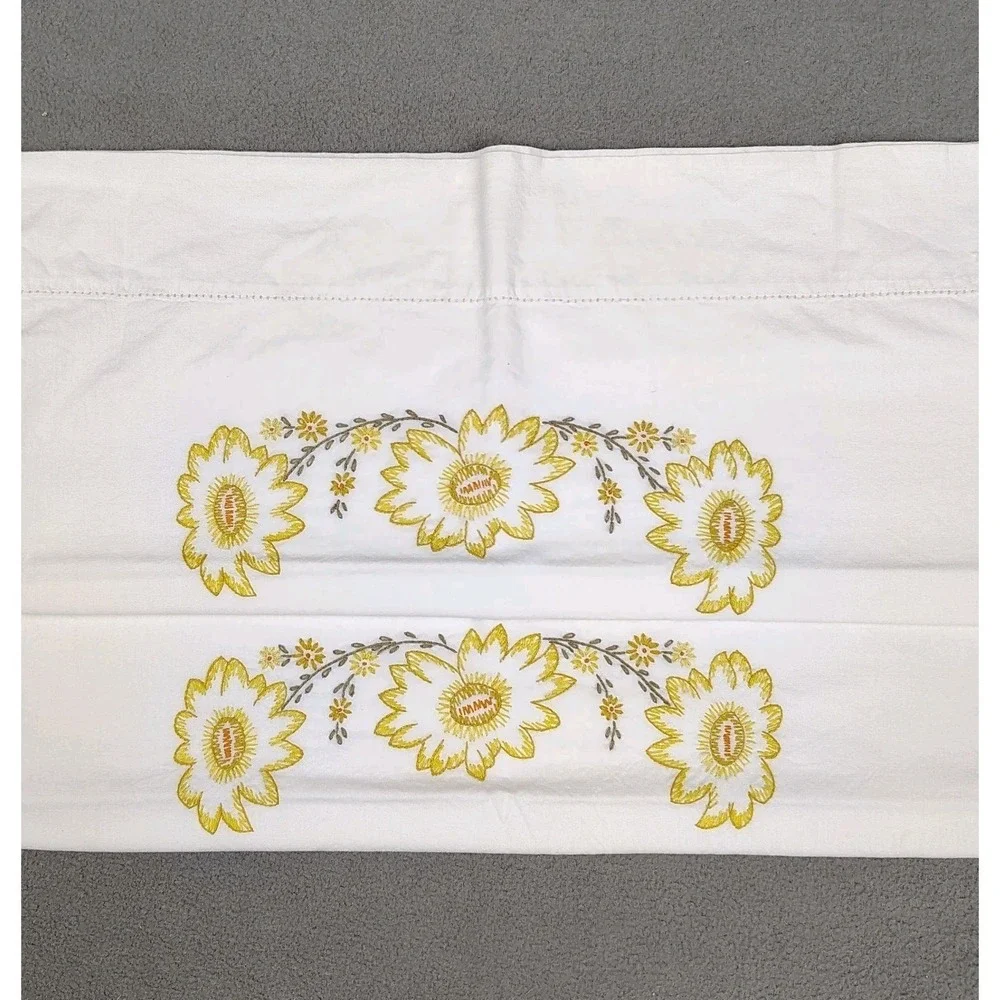VINTAGE MCM Needlepoint Pillowcases Set Of 2 Standard 29x18 Floral Handmade NICE